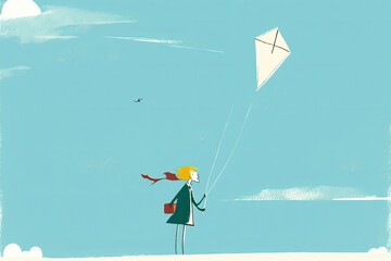 Poster - minimalist illustration with person, flying on a kite, surrounded by clear blue sky, created with generative ai