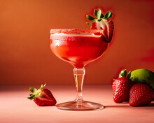 Strawberry Margarita Cocktail Or Strawberry Soft Drink, A Very Pleasant Fresh Drink On A Pink Background. AI Generated Illustration.
