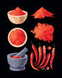 Vector set of chili peppers and powder