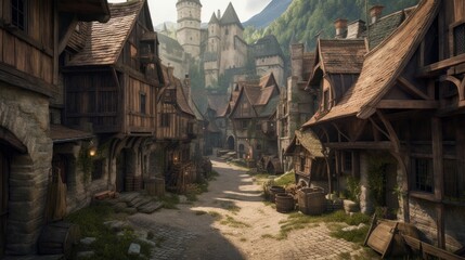 an illustration of the small medieval fantasy village. medieval fantasy
