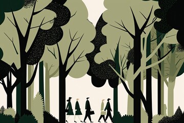 Canvas Print - minimalist illustration of people walking in park, with trees and greenery in the background, created with generative ai