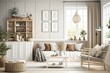 © Interior & Exterior - Interior of a beige living room decorated in a Scandinavian farmhouse style with natural wood furnishings. Wall background mockup. illustration. Generative Ai.