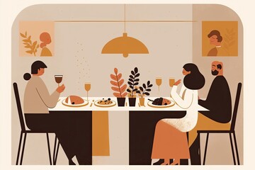 Wall Mural - minimalist illustration of people having dinner together, with the food and setting being the focal point, created with generative ai