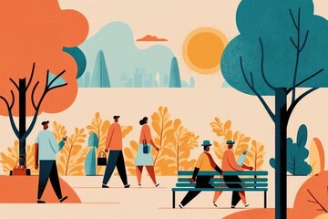 Wall Mural - minimalist illustration of people enjoying fresh air and sunny weather in the park, created with generative ai