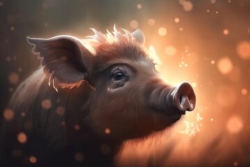 Poster -  a close up of a pig's face with a blurry background and bubbles in the air behind it, with a blurry background of boke.  generative ai