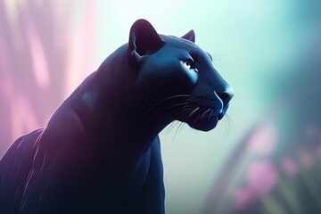 Wall Mural -  a black cat is staring at something in the distance with a blurry light behind it and a blurry background behind it, and a blue and pink hued background.  generative ai