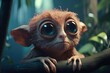  a close up of a monkey on a branch with big eyes and a sad look on its face, with a plant in the background.  generative ai