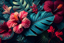 Hawaiian Style Pattern With Hibiscus Flowers And Lush Vegetation Ideal For Exotic Backgrounds. Generative AI