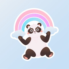  Sticker with a cute panda. Vector illustration. Pin, patch, Fashionable stripes, emotions in cartoon style.