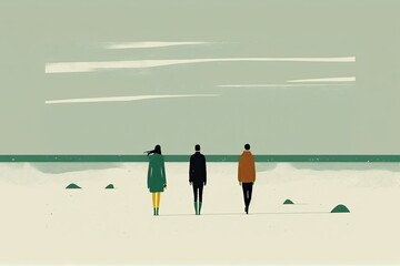 Sticker - minimalist illustration with people walking on the beach, enjoying nature, created with generative ai