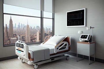 Canvas Print - sleek, modern bed and hospital equipment in room with view of city skyline, created with generative ai