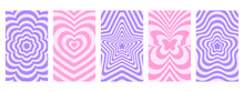 Set Of Groovy Psychedelic Patterns In Y2k Style. Posters With Repeating Flowers, Hearts, Stars, Butterflies In Trendy Retro 2000s Design. Cute Vector Illustration In Pastel Colors