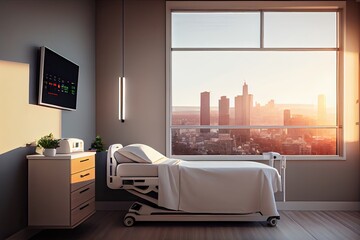 Canvas Print - modern hospital room with bed and view of city skyline, created with generative ai