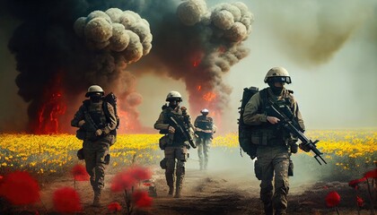 Wall Mural - Military special forces soldiers crosses destroyed warzone through fire and smoke in a spring flower field Generate Ai.