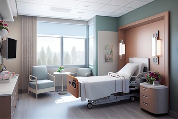 Poster - a plush, modern hospital room with a sleek design, providing comfort and privacy, created with generative ai