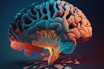 Wall Mural - close-up of person's brain, with different areas and processes highlighted in 3d animation, created with generative ai