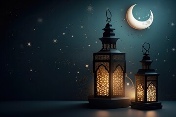 Wall Mural - The Grand Illumination of Ramadan Kareem - Lantern Light and Mosque Design with a Celestial Night Sky and Crescent Moon. Generative AI