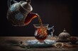 teapot and cup of tea, pouring tea out of tea pot, tea glass Generative AI