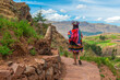 Peruvian indigenous quechua woman in traditional clothing walking along Inca Trail, Sacred Valley, Cusco, Peru.