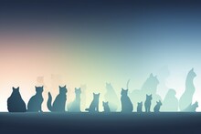  A Group Of Cats Sitting In A Row In Front Of A Blue And Pink Background With A Sky In The Background And A Few Silhouettes Of Cats In The Foreground.  Generative Ai