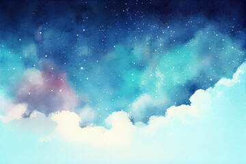 Watercolor blue sky color background with cloud and sparkling, galaxy, universe. Generative AI