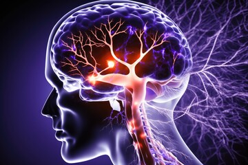 Poster - close-up of person's brain, with neurons firing and synapses connecting, created with generative ai