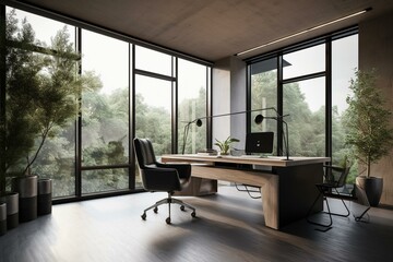 Modern office with nature view 3d render,There are wooden floor.Furnished with black and white furniture.There are large windows look out to see the nature. Generative AI