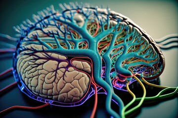 Poster - human brain, with intricate wiring and connections, shown in close-up, created with generative ai