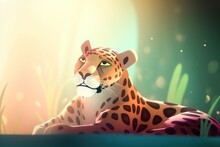 A Cartoon Of A Cheetah Laying On The Ground In The Grass With The Sun Shining Through The Grass Behind It And The Sun Shining Through The Lens.  Generative Ai