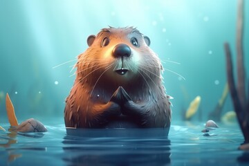  a beaver floating in a body of water next to a plant and a rock with a fish on it's back end, with its mouth open.  generative ai