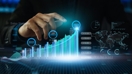 Wall Mural - Businessman investment analyzing big data result and economic growth financial with virtual dashboard technology digital marketing. Concept for business, economy and global network. 3D illustration.