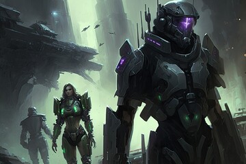 Canvas Print - futuristic world, with androids in various roles and settings, including combat, created with generative ai