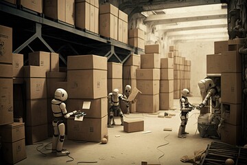 Canvas Print - warehouse, with androids being assembled for shipping, created with generative ai