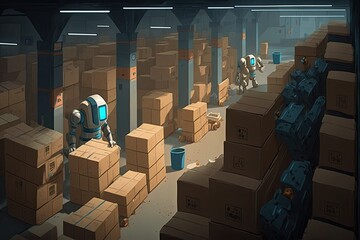 Canvas Print - warehouse, with androids being assembled for shipping, created with generative ai