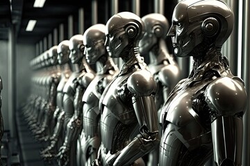 Canvas Print - factory, with row after row of androids being assembled, their metallic skin and features glinting in the light, created with generative ai