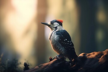 Wall Mural -  a bird with a red head sitting on a tree branch in a forest with sunlight streaming through the trees and a blurry background behind it.  generative ai