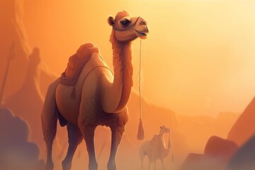 Poster -  a camel with a saddle standing in a desert area with a sunset in the background and a few other camels in the foreground.  generative ai