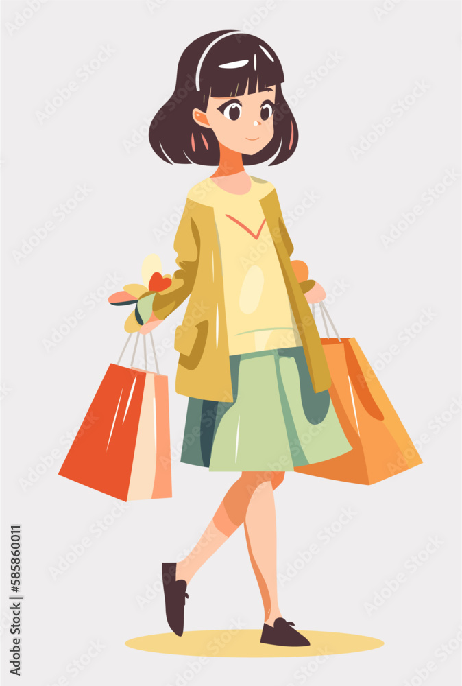 Flat color Vector illustration of girl with shopping bags