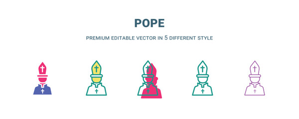 pope icon in 5 different style. outline, filled, two color, thin pope icon isolated on white backgro