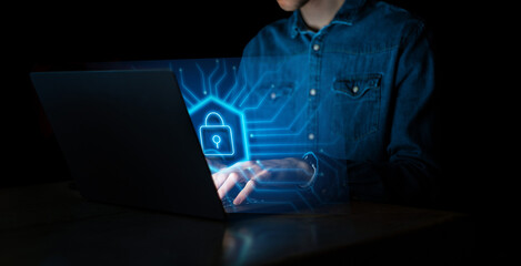 Computer Shield cyber Key lock security system abstract technology world digital link cyber security on hi tech Dark blue background. Lock finger Keyboard. Cybersecurity agent