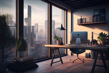 Canvas Print - modern office with a view of the city and plastic windows, created with generative ai