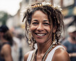 © OPPERMAN - Smiling middle age woman standing in crowded street. Generative AI.
