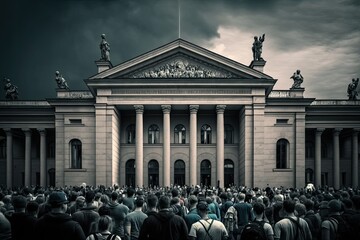 Poster - crowd of people in front of government building, demanding reform and change, created with generative ai