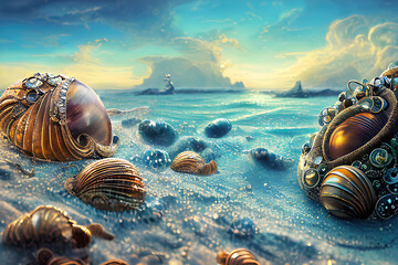 Abstract surreal art background, beautiful shells, pearls and precious jewellery lying on white sand on the sea shore. Generative Ai.