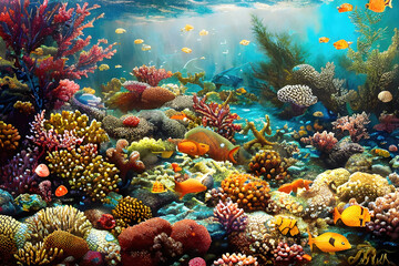 Wall Mural - Coral reef underwater illustration, beautiful undersea coral reef background. Generative Ai.