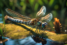 A Dragonfly Resting On A Blade Of Grass Near A Tranquil Pond