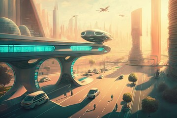 Poster - futuristic city with public transportation system of driverless autonomous vehicles, created with generative ai