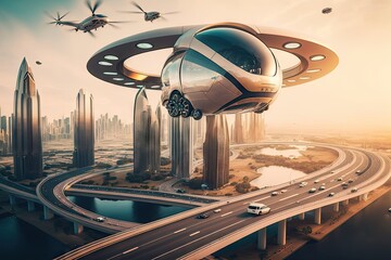 Poster - drone flies above futuristic city, showcasing the public transportation system and its passengers, created with generative ai