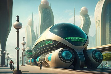 Canvas Print - futuristic city, with public transportation pod system that runs above ground and underground, created with generative ai