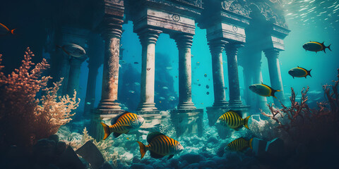 Wall Mural - Ruins of Ancient city of Atlantis underwater of mythology. Generation AI